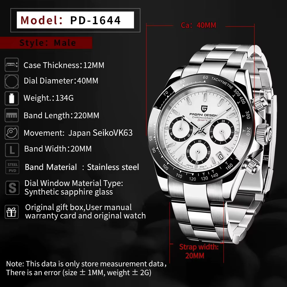 PAGANI DESIGN PD1644 Luxury Chronograph Men's Quartz Watch – 100M Waterproof Stainless Steel Sports Wristwatch with Date Display